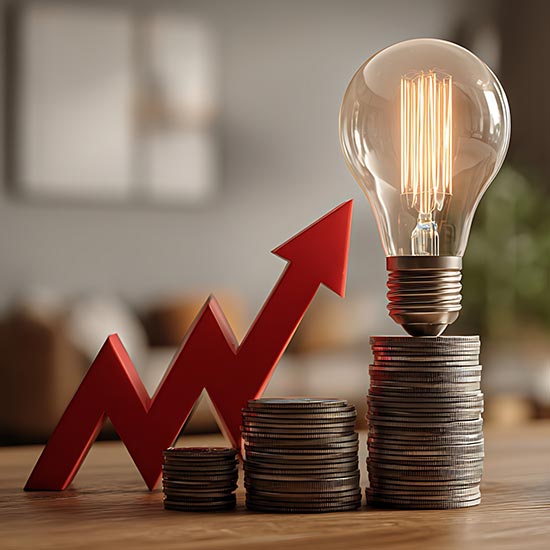 coins and lightbulb with up arrow