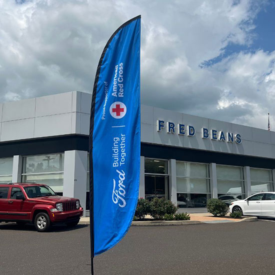 Outside banner for the Fred Beans Blood Drive in Conjunction with American Red Cross.