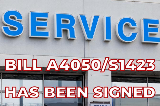 Side of Building with Service sign and text overlay of "BILL A4050/S1423 Has been Signed"