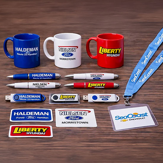 Franchise dealer merchandise displayed on table